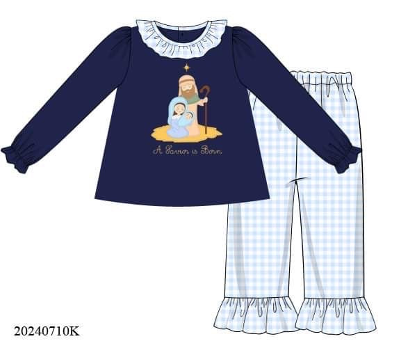 PREORDER Knit Nativity Appliqué Girls Pants Set