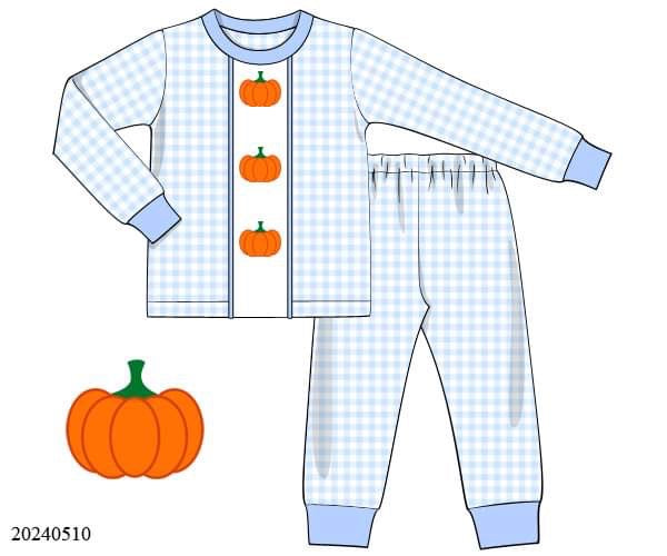 PREORDER Blue Embroidered Pumpkin Pajama Set