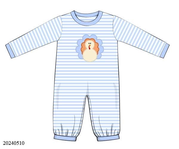 PREORDER Knit Stripe Turkey Appliqué Boys Long Romper