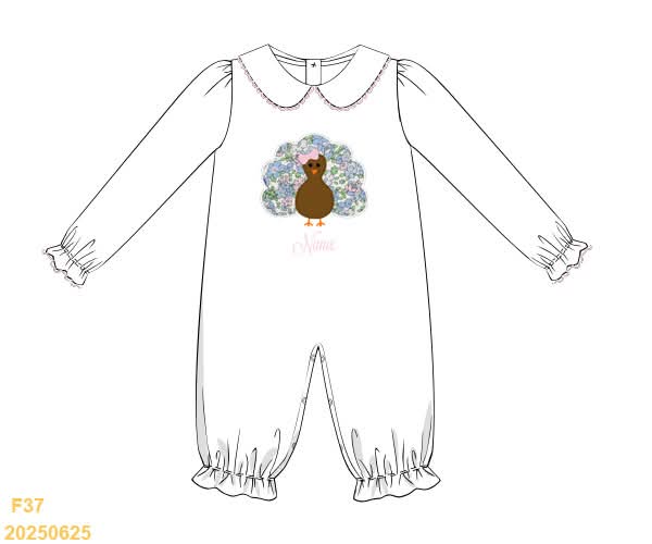 PREORDER Embroidered Turkey with Name Long Romper