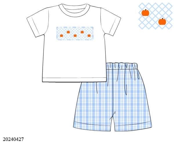 PREORDER Blue Plaid Pumpkin Boys Shorts Set