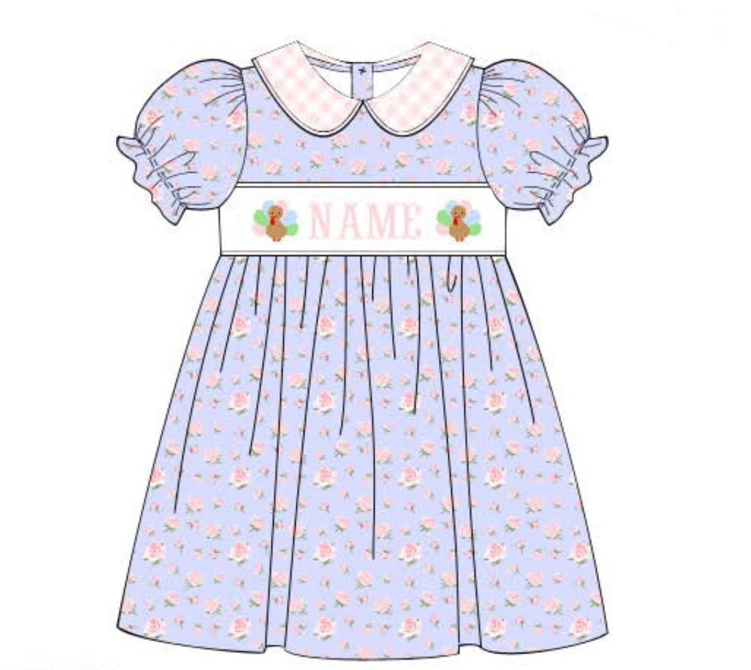 PREORDER Name Smocked Floral Turkey Dress