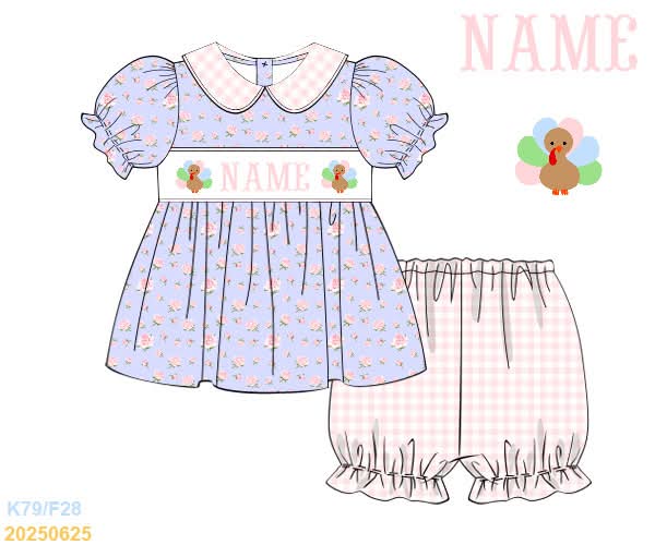 PREORDER Name Smocked Floral Turkey Bloomer Set