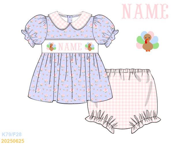 PREORDER Name Smocked Floral Turkey Diaper Set