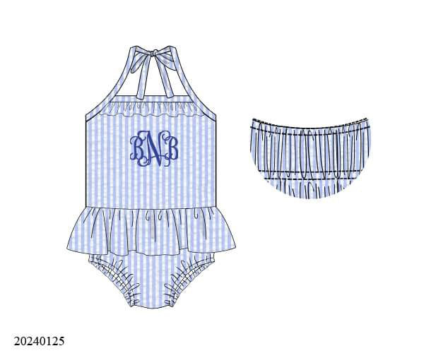 PREORDER Blue Seersucker Monogram One Piece Swimsuit