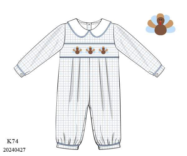 PREORDER Boys Blue Plaid Turkey Long Romper