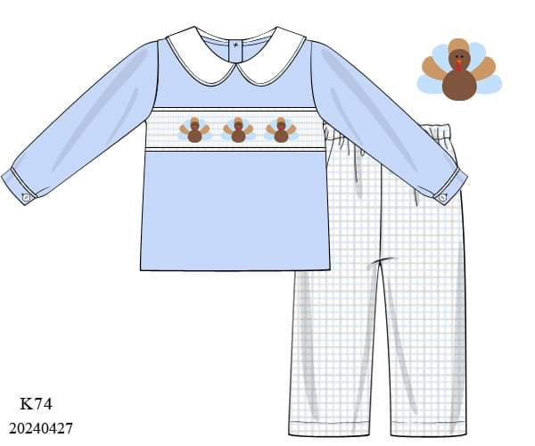 PREORDER Boys Blue Plaid Turkey Pants Set