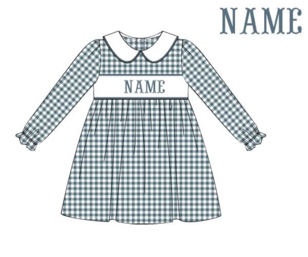 Preorder Stone Blue Gingham Name Dress