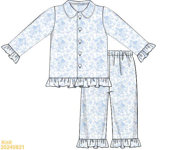 PREORDER Blue Toile Girls Button Down PJ Set