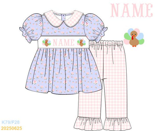 PREORDER Name Smocked Floral Turkey Ruffle Pant Set