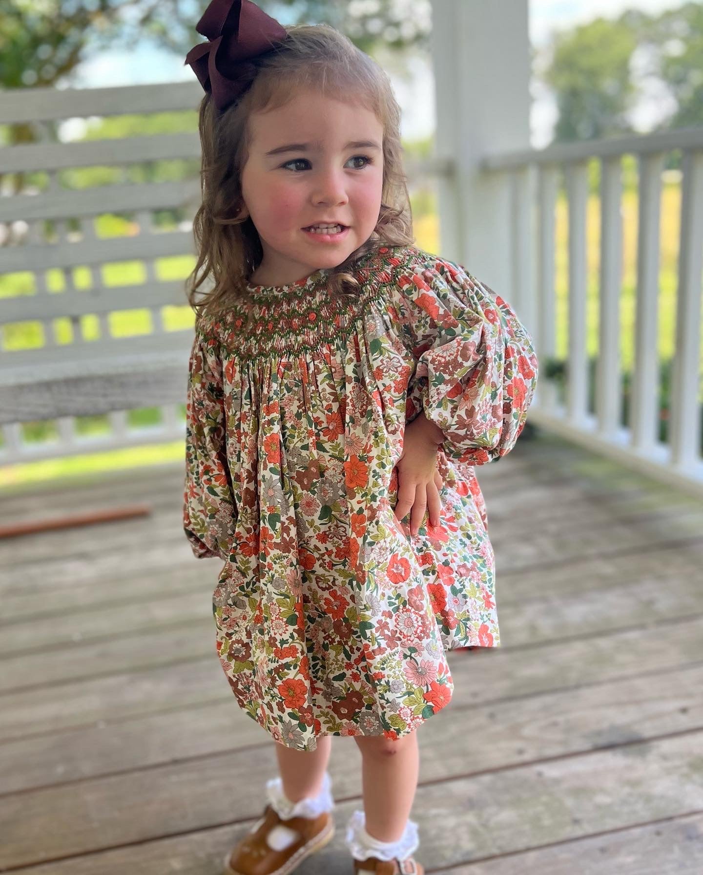 PREORDER Orange Floral Bishop Smocked Dress