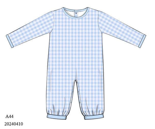 PREORDER Classic Blue Gingham Knit Long Romper