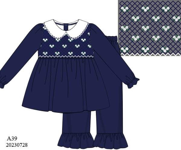 Preorder Navy Smocked Floral Pant Set