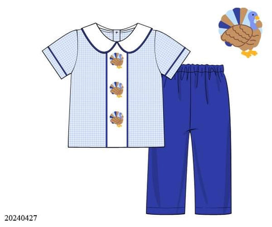 PREORDER Boys Blue Gingham Turkey Pants Set