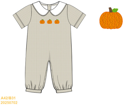 PREORDER Boys Gingham French Knot Pumpkin Long Romper