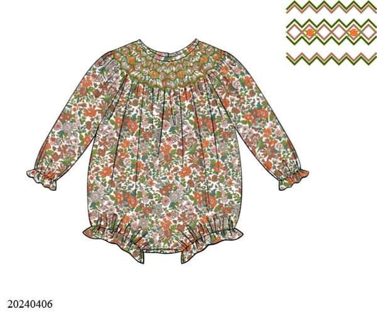 PREORDER Orange Floral Bishop Smocked Bubble