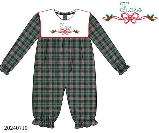 PREORDER Plaid Bow Embroidered Bib Long Romper