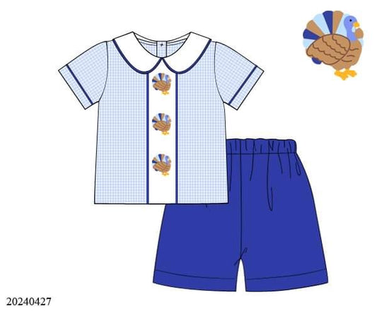 PREORDER Boys Blue Gingham Turkey Shorts Set