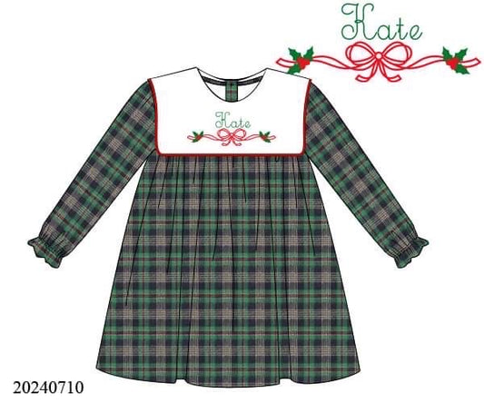 PREORDER Plaid Bow Embroidered Bib Dress