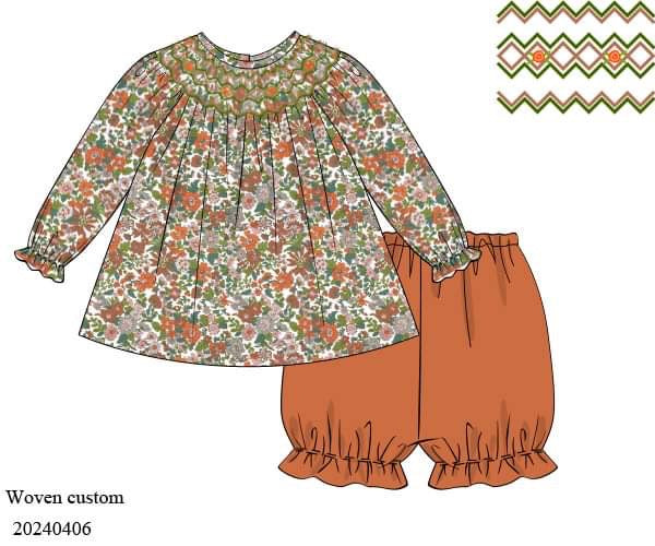 PREORDER Orange Floral Bishop Smocked Bloomer Set