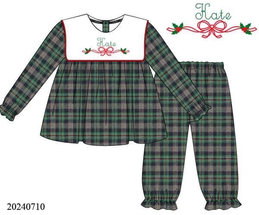 PREORDER Plaid Bow Embroidered Bib Pants Set