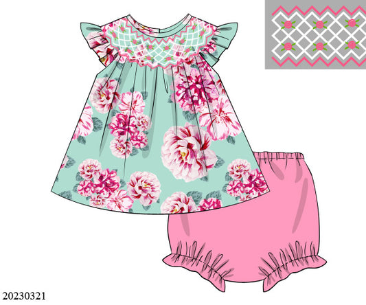 PREORDER Pink Peony Smocked Diaper Set