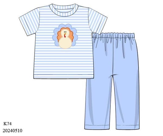 PREORDER Knit Stripe Turkey Appliqué Boys Pants Set