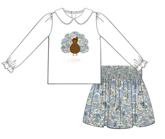 PREORDER Embroidered Turkey with Name Shirt with Floral Skirt