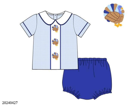 PREORDER Boys Blue Gingham Turkey Diaper Set