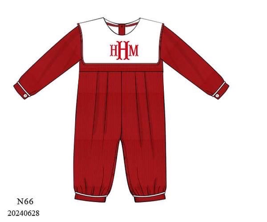 PREORDER Classic Red Monogram Boys Long Romper