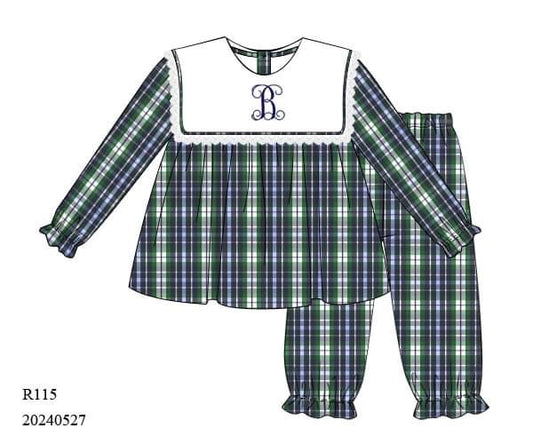 PREORDER Navy and Green Plaid Pants Set