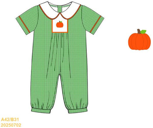 PREORDER Boys Gingham Embroidered Pumpkin Long Romper