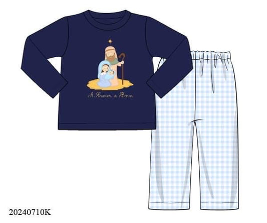 PREORDER Knit Nativity Appliqué Boys Long Sleeve Pants Set