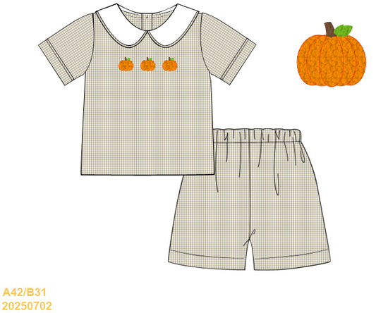 PREORDER Boys Gingham French Knot Pumpkin Short Set