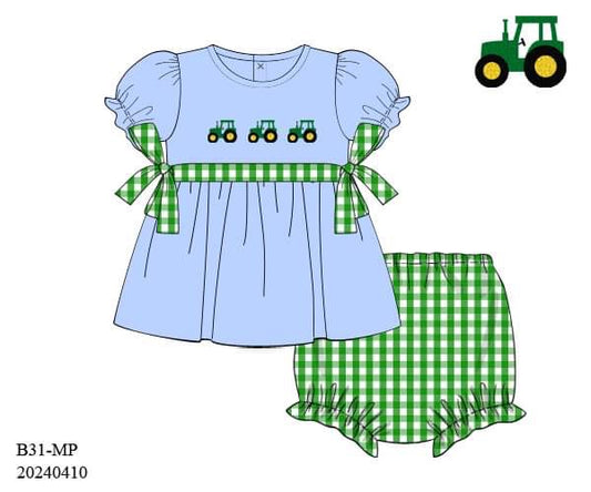 PREORDER Girls French Knot Tractors Diaper Set