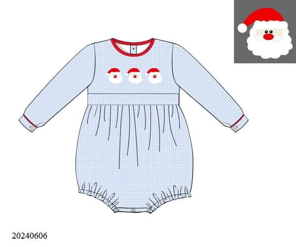 PREORDER Gingham Blue Santa Long Sleeve Bubble