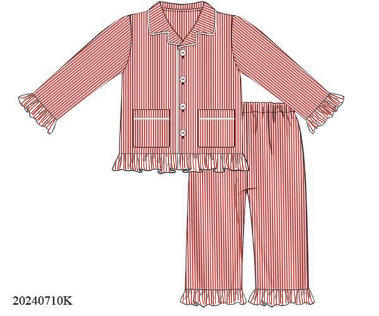 PREORDER Girls Red Pinstripe Ruffle Pajama Set