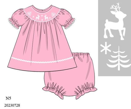 Preorder Pink Reindeer Smocked Diaper Set