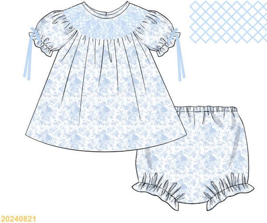 PREORDER Blue Toile Smocked Diaper Set