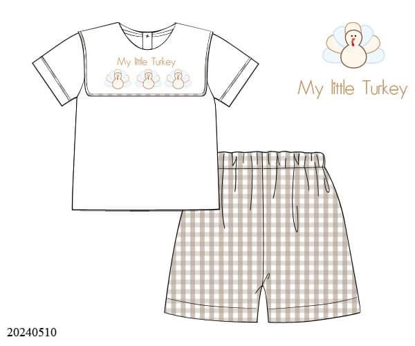 PREORDER Personalized Khaki Gingham Turkey Boys Shorts Set