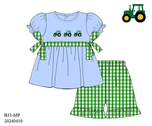 PREORDER Girls French Knot Tractors Ruffle Shorts Set