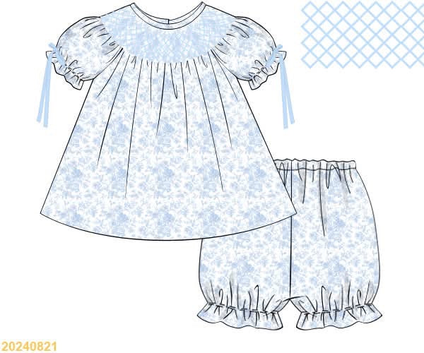 PREORDER Blue Toile Smocked Bloomer Set