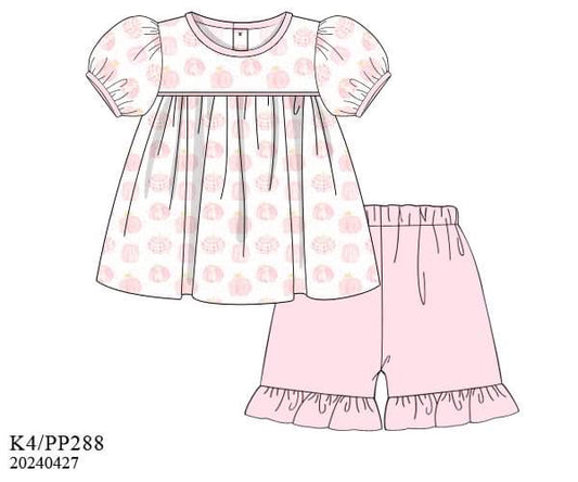 PREORDER Knit Pink Pumpkin Ruffle Shorts Set