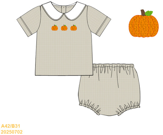 PREORDER Boys Gingham French Knot Pumpkin Diaper Set
