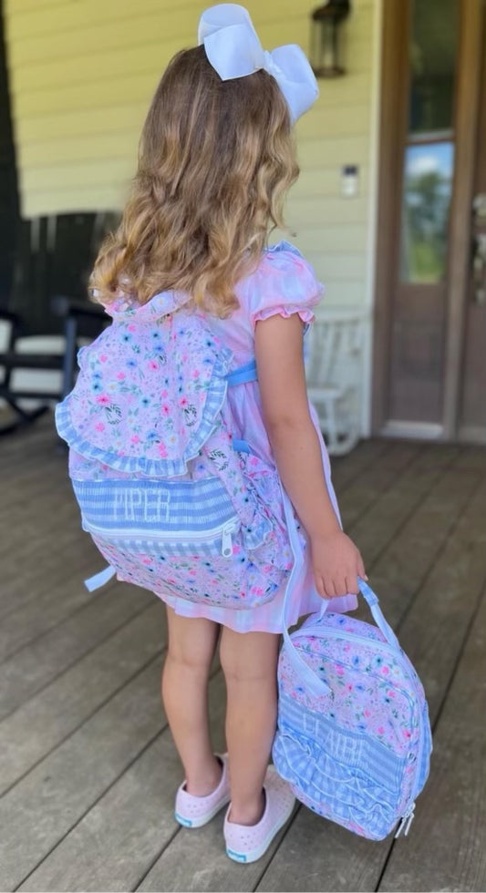 PREORDER Blue Floral Smocked Name Book Bag