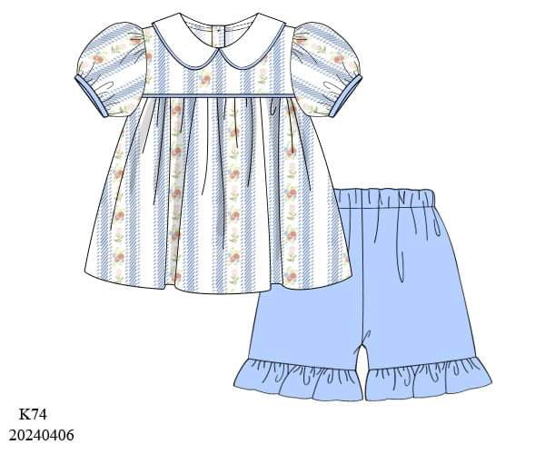 PREORDER Blue Floral Stripe Ruffle Shorts Set