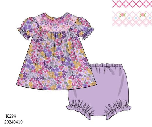 PREORDER Purple Floral Smocked Bloomer Set