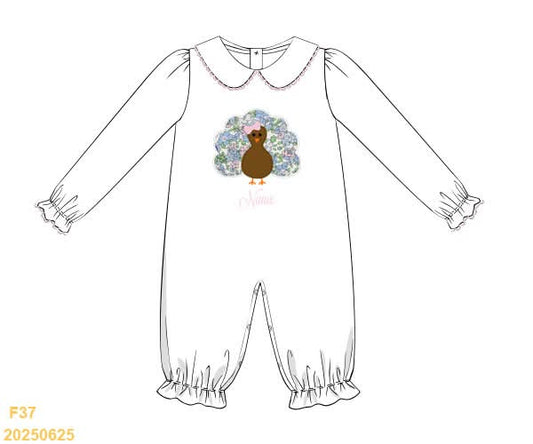 PREORDER Embroidered Turkey with Name Long Romper