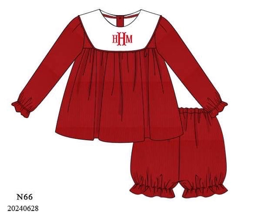 PREORDER Classic Red Monogram Girls Bloomer Set