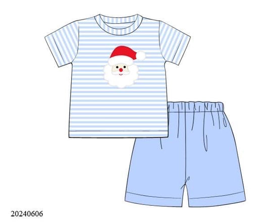 PREORDER Striped Knit Santa Appliqué Boys Shorts Set